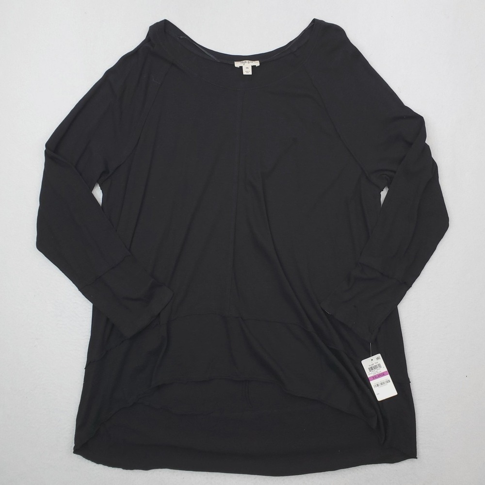 Style & Co Shirt Womens XXL Black Seam Tee Tunic Long‎ Sleeve High Low Hem